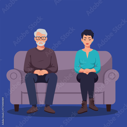Illustration depicts an older man with glasses and a younger woman seated on a sofa. Both are facing forward