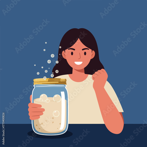 A woman holds a bubbly jar, smiling against a dark blue background. Bubbles float around the jar