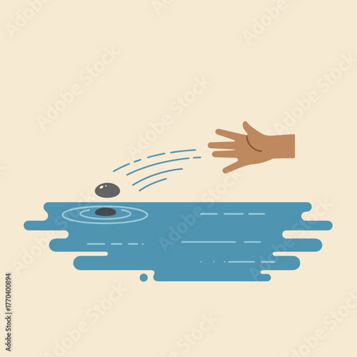 A hand tosses a stone into a body of water, creating ripples. Minimalist flat design with simple colors