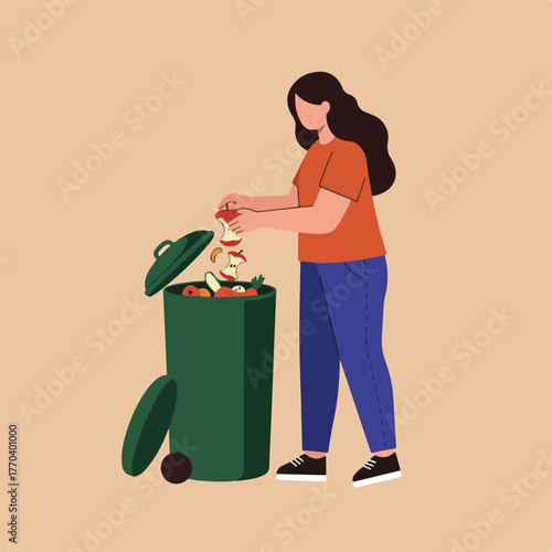 An illustration shows a person disposing of food waste into a green trash bin. The bin has an open lid