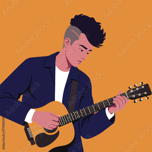 An illustration of a person with a mohawk playing an acoustic guitar, against an orange background