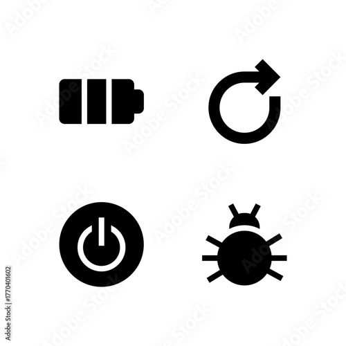 Essential UI Icon Set - Battery Power Reboot and Bug Report System Elements