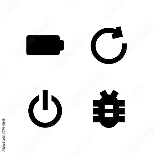 Essential UI Icon Set - Battery Power Reboot and Bug Report System Elements
