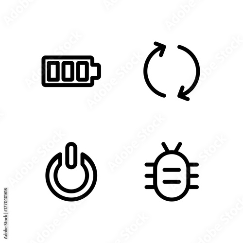 Essential UI Icon Set - Battery Power Reboot and Bug Report System Elements