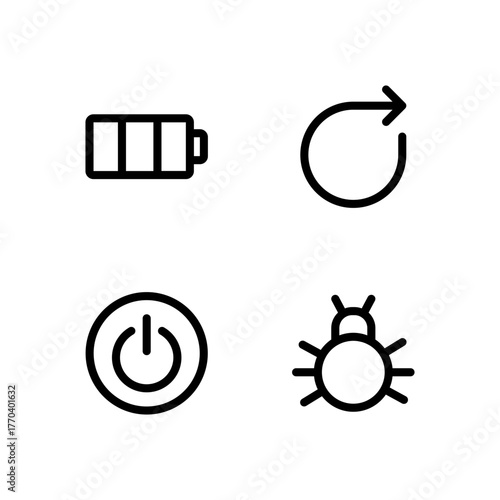 Essential UI Icon Set - Battery Power Reboot and Bug Report System Elements