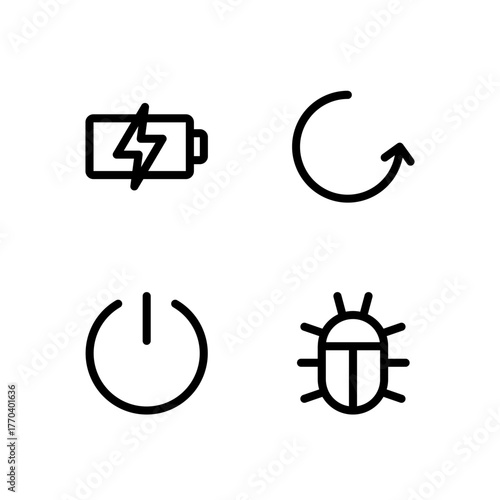 Essential UI Icon Set - Battery Power Reboot and Bug Report System Elements