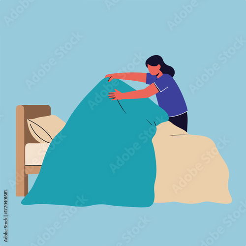 A flat illustration depicts a woman making a bed with a blue blanket. Minimalistic style, blue background