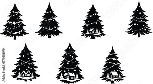 Christmas tree silhouettes, festive holiday decoration, winter season design, black pine trees, cozy cabin art, snow ornaments, seasonal illustration, vector graphic