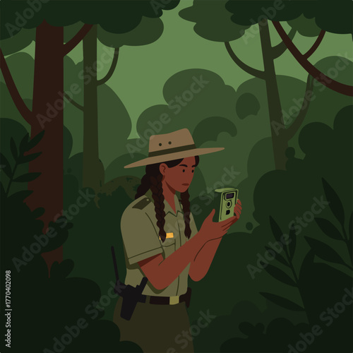 A park ranger in uniform checks a camera in a verdant forest, surrounded by trees and foliage