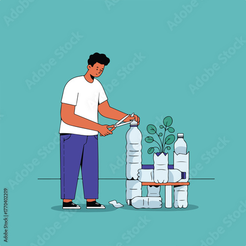 A person cuts a plastic bottle with scissors, utilizing them as planters in an illustrated scene with plants