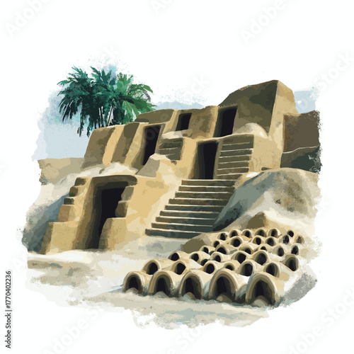 Chan Chan Archaeological Site. Chan Chan Archaeological Site hand drawn watercolor illustration