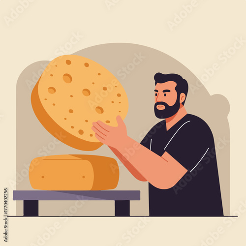 A bearded man holding a large cheese round above a smaller one on a stand, vector style