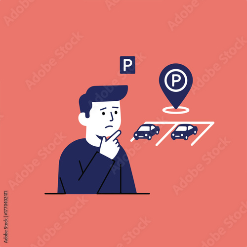 Anxious person thinking about parking spot availability next to parking indicators on a pink background