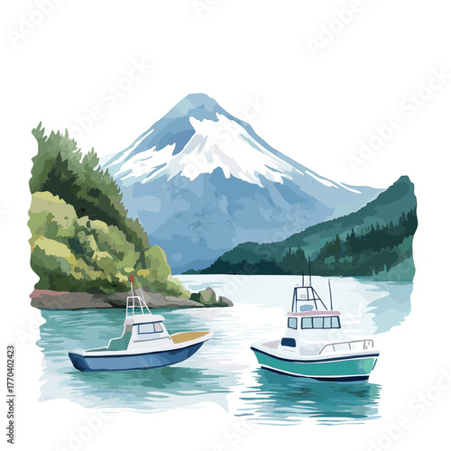 Lake District - Villarrica. Lake District - Villarrica hand drawn watercolor illustration