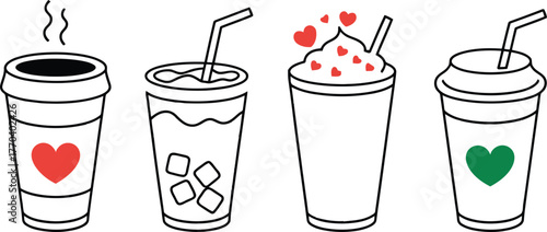 Four stylized hand drawn drinks with hearts and straws