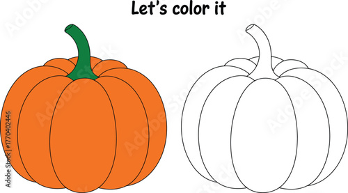 Coloring page of a pumpkin next to a colored pumpkin
