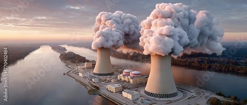 Industrial Power: A vast industrial landscape featuring cooling towers billowing steam amidst a natural riverine environment.