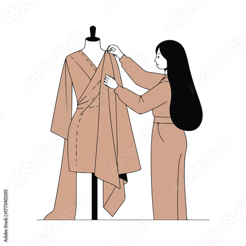 Illustration of a woman draping fabric on a mannequin. She is wearing a matching outfit. Both are earth tone colors