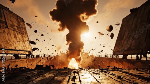 A massive explosion rips an old warship in half during a sunset battle. The vessel breaks apart with fire and smoke, depicting a dramatic disaster.