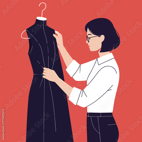 An illustration shows a designer assessing a garment on a mannequin, showcasing fashion and tailoring elements
