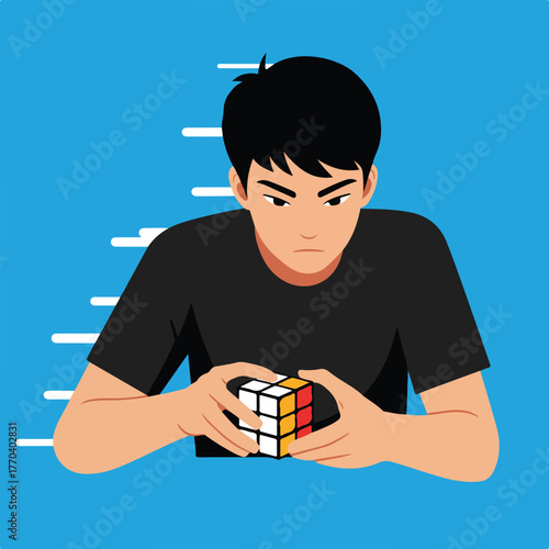 A young person with a serious expression holds a colorful puzzle cube, focusing on solving it. Blue background