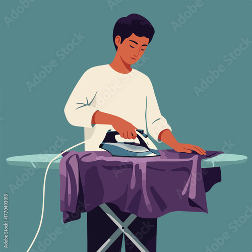 Vector illustration of a person ironing a purple garment on a board. Calm posture, simple background