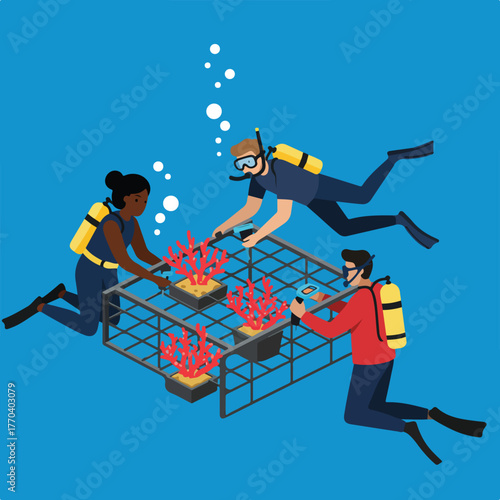 Three divers tending to coral in a submerged grid. Bubbles rise. Red coral and blue water dominate