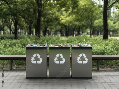 Beautifully designed waste sorting station featuring three recycling bins lush green park. bins are clearly marked for different types of waste, promoting environmental awareness