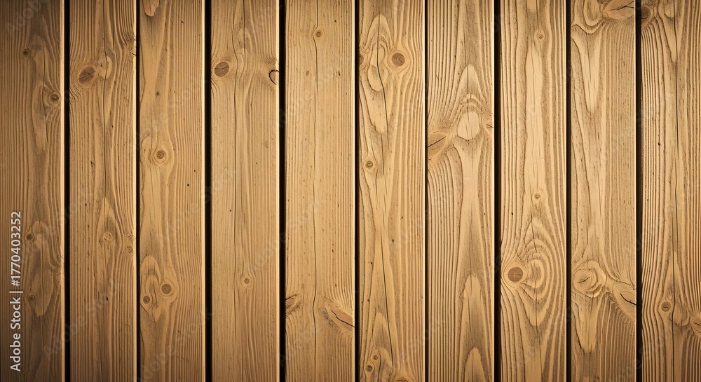 Fototapeta premium Rough sawn wooden planks with visible knots and aged texture, softly lit with golden warm tones.