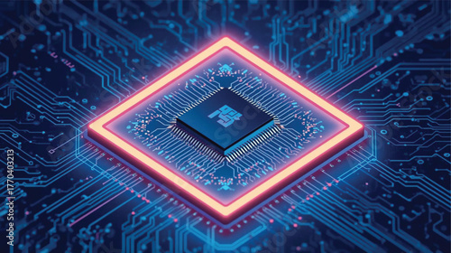 Futuristic Neon CPU with Circuit Lines, Big Data Visualization Vector.