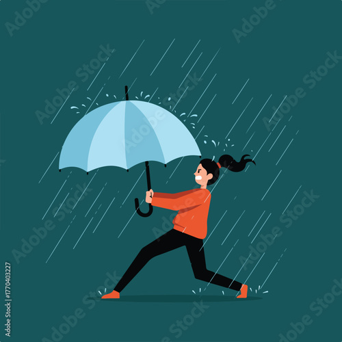 A woman in a red sweater and black pants struggles to hold an umbrella in heavy rain. Her hair is blowing
