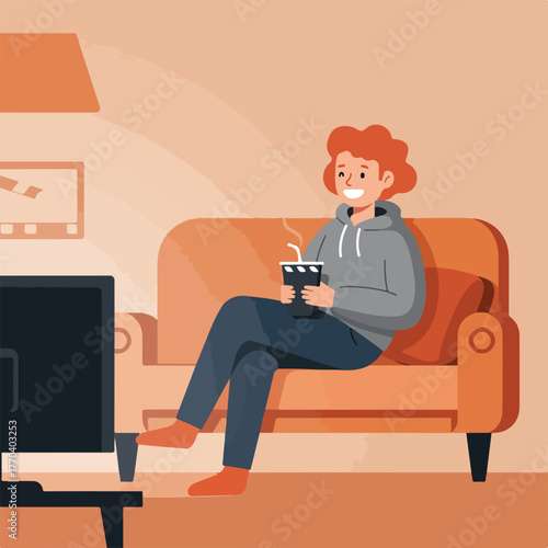 A person with red hair, in a gray hoodie, relaxes on a couch watching TV and drinking from a cup