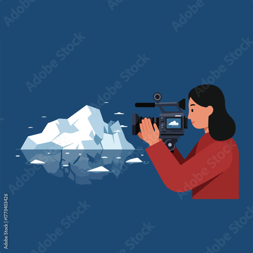 An illustrator holds a camera, filming an iceberg. Reflective water under the iceberg. Flat illustration style