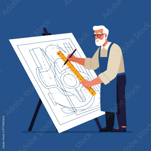 A senior draftsman with glasses uses a ruler and pencil to draw a blueprint on an easel