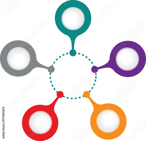 Abstract infographic element with five colorful connected circles and a central empty space