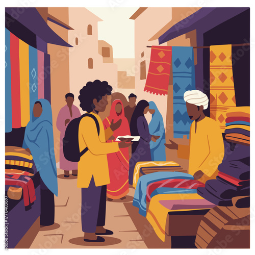 A vibrant marketplace scene depicts shoppers and vendors amidst colorful textiles and a backdrop of traditional architecture