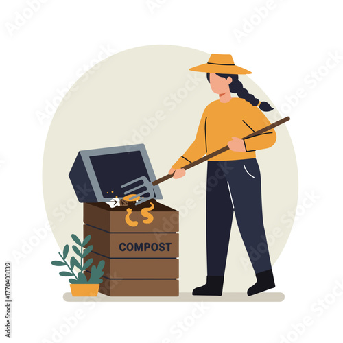 An illustration depicting a person composting, using a fork to turn the compost in a wooden bin