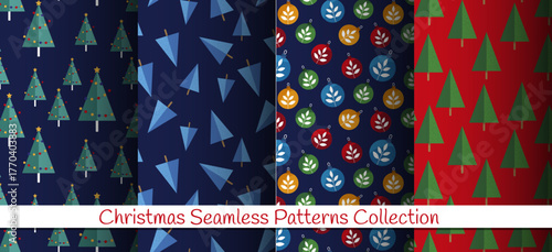 Christmas Seamless Vector Patterns Collection with Trees and Colorful Baubles on Dark and Red Backgrounds