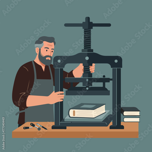 An illustration shows a man using a printing press to create books. Various tools lay on a table