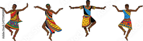 African traditional dance, cultural expression, vibrant clothing, ethnic costume, rhythmic movement, heritage celebration, tribal art, cad drawing flat vector illustration
