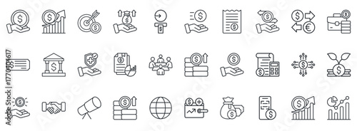 Finance Icon Set. Contains Icons That Are Relevant For Business. Designed In Vector Outline Style