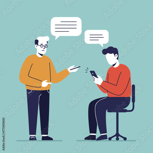 Two stylized figures interact, one pointing and the other on phone with speech bubbles. Blue-green background