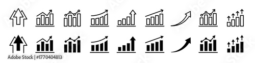Growth icon set. Containing arrow up, growing graph, business chart icons. Vector illustration.