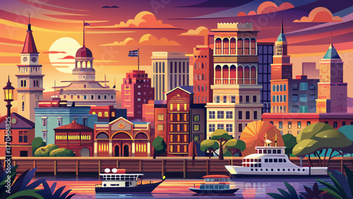 Very beautiful Savannah, Georgia skyline of historic downtown at sunset, featuring illuminated buildings, charming streets, and steam boats along the river, capturing the city’s historic and romantic 