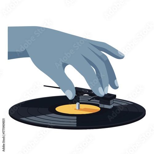 A grayscale hand hovers over a vinyl record on a turntable in a minimalist style, poised for interaction