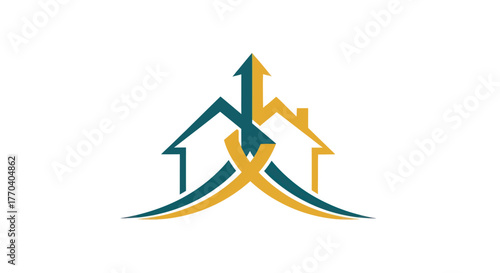 Real Estate Growth Logo with Houses and Upward Arrows.