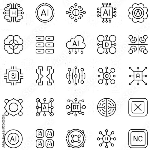 AI AND ROBOTICS comprehensive and visually balanced vector icon set designed in a clean, modern flat style. Perfect for web design, mobile apps, infographics, branding, and digital marketing projects.