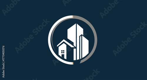 Real Estate Logo Design with House and Buildings in Circle.