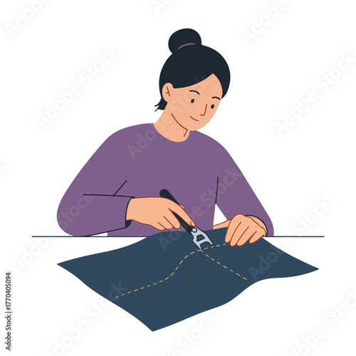 Illustration of a person with a bun using scissors to cut a dark blue fabric with yellow guide lines