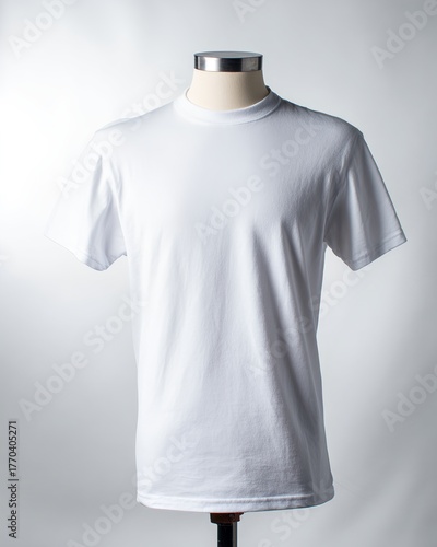 Blank white t-shirt mockup on mannequin, clean apparel template for design, print, or branding presentation.
